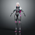 Futuristic Female Character With White Pink Hair And Black Pink Mechanical Armor In 3D Model Design
