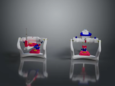 Game And Movie Mechanical Robot Characters With Red Blue White Bracket Stand Base Design 3d model