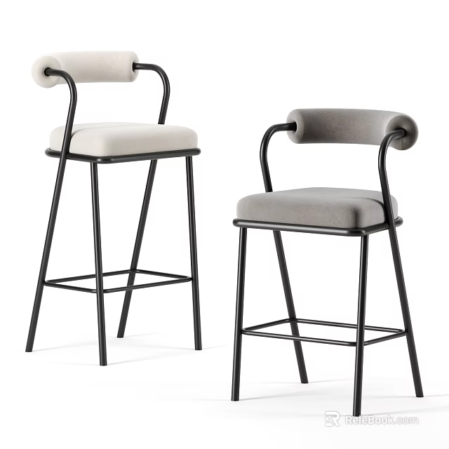 Modern Bar Stools With Armrests Curved Backrests Light Gray Cushions And Black Metal Frames 3d model 