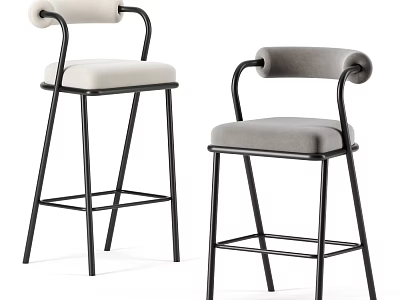 Modern Bar Stools With Armrests Curved Backrests Light Gray Cushions And Black Metal Frames 3d model