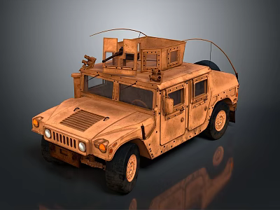Rustic Brown Military Style Utility Vehicle Featuring Roof Mounted Gear And Large Wheels 3d model