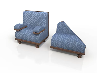 Blue Geometric Patterned Armchair And Ottoman With Wooden Arms And Legs 3d model