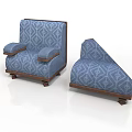 Blue Geometric Patterned Armchair And Ottoman With Wooden Arms And Legs