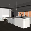 Elegant Modern Restaurant Open Kitchen With Island Cabinets And Hanging Lights