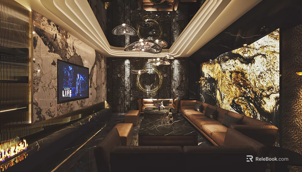 Luxurious Modern KTV Room Interior With Leather Sofa Large Screen And Ambient Lighting 3d model 