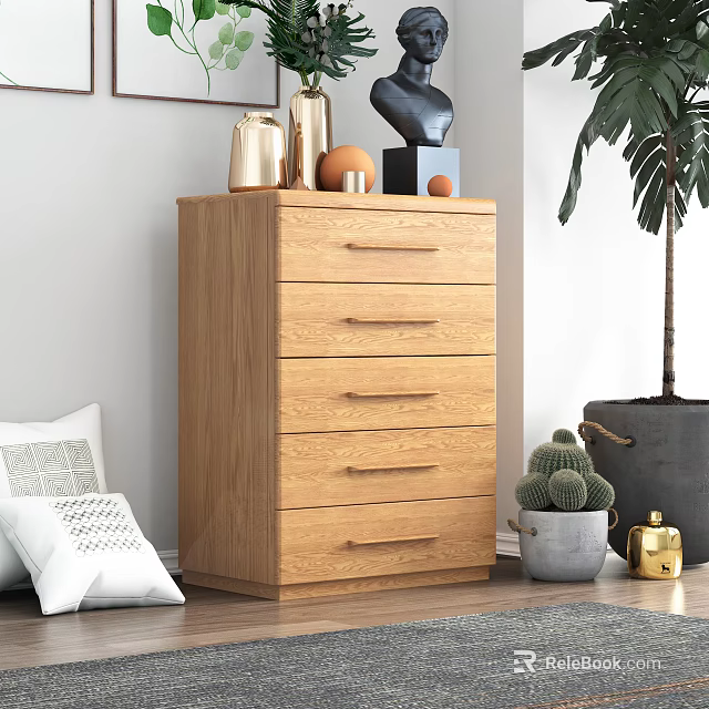 Wooden Chest of Drawers with Multiple Drawers Decorative Items and Plants in Living Room 3d model 