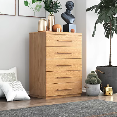 Wooden Chest of Drawers with Multiple Drawers Decorative Items and Plants in Living Room 3d model