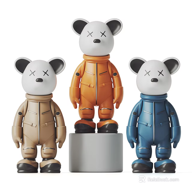Three Cartoon Bear Sculptures With XX Eyes And Different Colored Clothing 3d model 