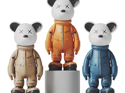 Three Cartoon Bear Sculptures With XX Eyes And Different Colored Clothing 3d model