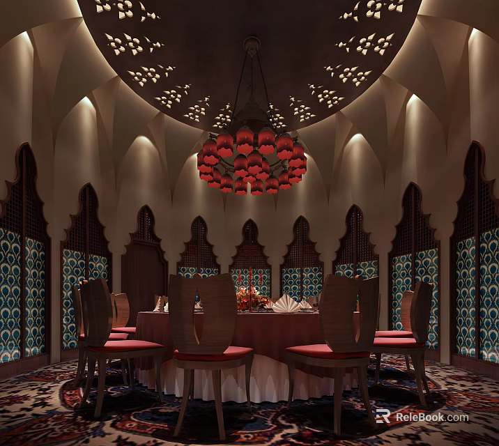 Elegant Private Dining Room With Red Chandelier Dining Table And Decorative Windows 3d model