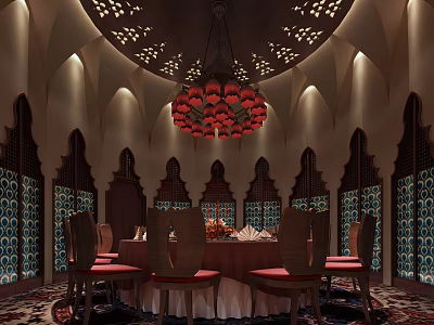 Elegant Private Dining Room With Red Chandelier Dining Table And Decorative Windows 3d model