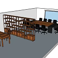 Conference Table with Black Office Chairs Wooden Bookshelf and Projection Screen