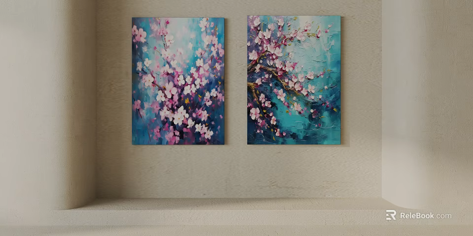 Two Piece Plant Paintings With Pink Flowers On Blue Background Hanging On Wall 3d model 