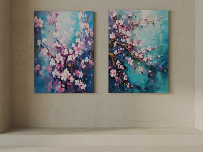 Two Piece Plant Paintings With Pink Flowers On Blue Background Hanging On Wall 3d model