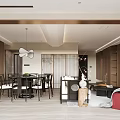 Modern Living and Dining Room Interior with Wooden Cabinets Sofa Coffee Table and Large Window