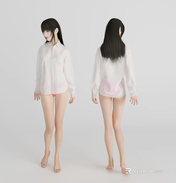Woman In White Shirt And Pink Underwear Front And Back View On Grey Background 3d model 