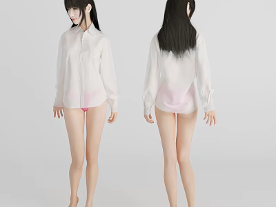 Woman In White Shirt And Pink Underwear Front And Back View On Grey Background 3d model