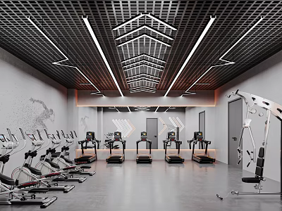 Modern Gym Interior With Abundant Fitness Equipment And Ceiling Lights 3d model