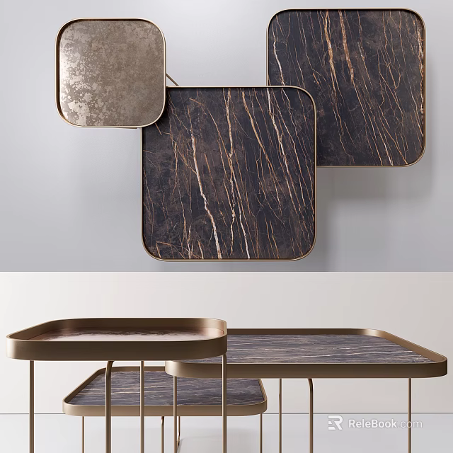 Modern Coffee Table With Dark Marble Surface And Brass Metal Frame Design 3d model
