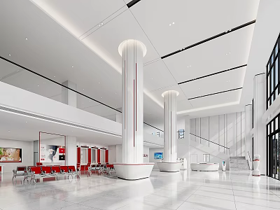 Modern Bank Lobby Interior With Spacious Open Area White Pillars And Seating 3d model