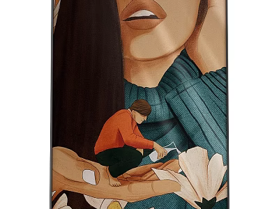 Figure Painting Featuring Large Blue Sweater Figure And Small Orange Shirt Person Arranging White Flowers 3d model