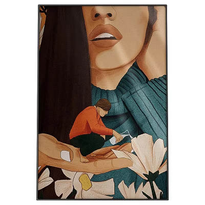 Figure Painting Featuring Large Blue Sweater Figure And Small Orange Shirt Person Arranging White Flowers 3d model