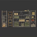 Metal Storage Shelving Unit With Green Brown Boxes Blankets Ladder And Woven Basket