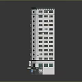 White Tall Building Exterior With Green Accents Multiple Floors Balconies And Ground Floor Shops
