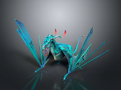 Mythical Teal Dragon Character with Vibrant Wings Red Horns and Dynamic Crouching Pose 3d model