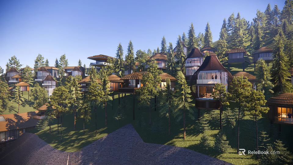 Forest Guesthouse Buildings Nestled Among Tall Trees With Wooden Roofs And Natural Surroundings 3d model 