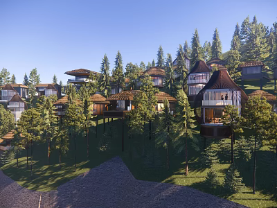 Forest Guesthouse Buildings Nestled Among Tall Trees With Wooden Roofs And Natural Surroundings 3d model