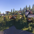 Forest Guesthouse Buildings Nestled Among Tall Trees With Wooden Roofs And Natural Surroundings