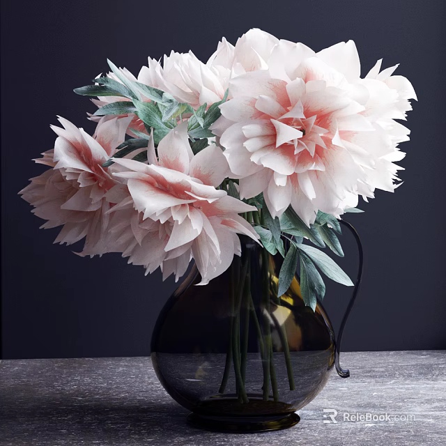 Soft Pink Peony Flowers In Dark Glass Vase With Green Leaves On Wooden Table 3d model 