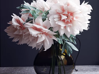 Soft Pink Peony Flowers In Dark Glass Vase With Green Leaves On Wooden Table 3d model
