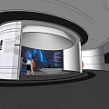 Modern Exhibition Hall With Curved Structure Digital Screen And Visitors