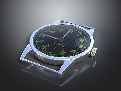Classic Round Watch With Black Dial Yellow Numbers And Silver Metal Case 3d model