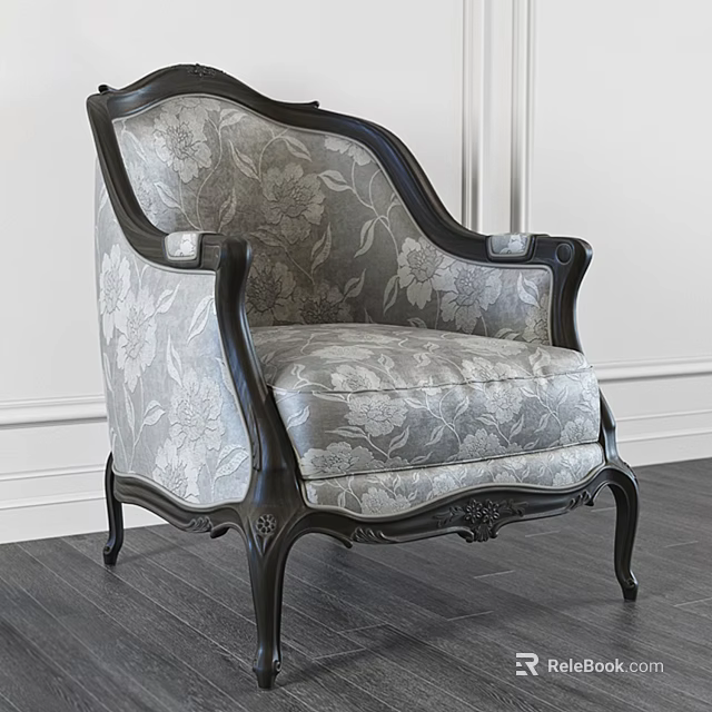Antique Ornate Armchair With Floral Pattern Gray Fabric And Dark Wooden Frame 3d model 
