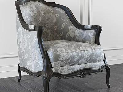 Antique Ornate Armchair With Floral Pattern Gray Fabric And Dark Wooden Frame 3d model
