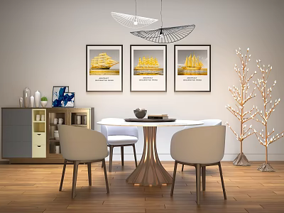 Modern Round Dining Table And Chairs Set With Framed Paintings And Hanging Chandelier 3d model