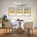 Modern Round Dining Table And Chairs Set With Framed Paintings And Hanging Chandelier