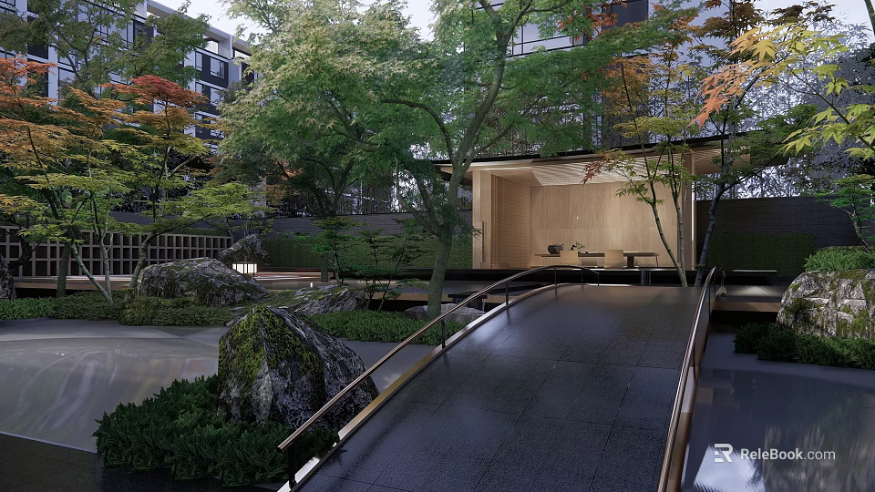 Japanese Style Garden Landscape With Wooden Pavilion Rocks Trees And Stone Path 3d model 