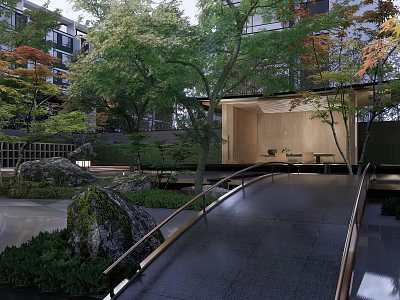 Japanese Style Garden Landscape With Wooden Pavilion Rocks Trees And Stone Path 3d model