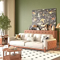 Light Beige Three Seater Sofa With Woven Armrests Green Wall Decorative Painting And Potted Plant
