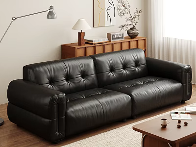 Modern Black Leather Leisure Sofa Set With Wooden Sideboard Table Lamp And Floor Lamp 3d model