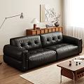 Modern Black Leather Leisure Sofa Set With Wooden Sideboard Table Lamp And Floor Lamp