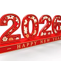 Red 3D Letters 2026 With Floral Patterns For Happy New Year 3d model