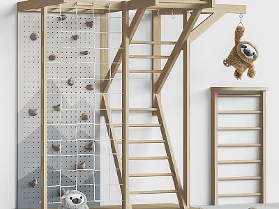 Wooden Kids Playground Equipment With Climbing Net Ladder Holds And Hanging Plush Toys 3d model