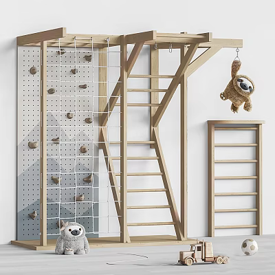 Wooden Kids Playground Equipment With Climbing Net Ladder Holds And Hanging Plush Toys 3d model