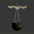 Vintage Wooden Boat With Mast Ropes And Canvas Sails On Gray Background