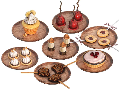 Assorted Sweet Desserts Including Cupcakes Tarts Cookies And Chocolate Sticks On Wooden Plates 3d model
